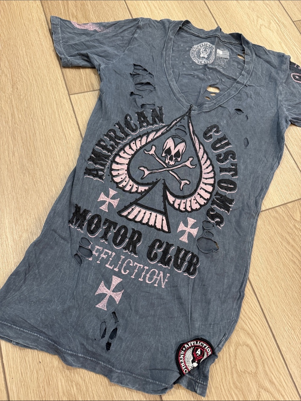 Affliction American Customs Motor Club T-Shirt Women's Small Ripped/Studded Y2K
